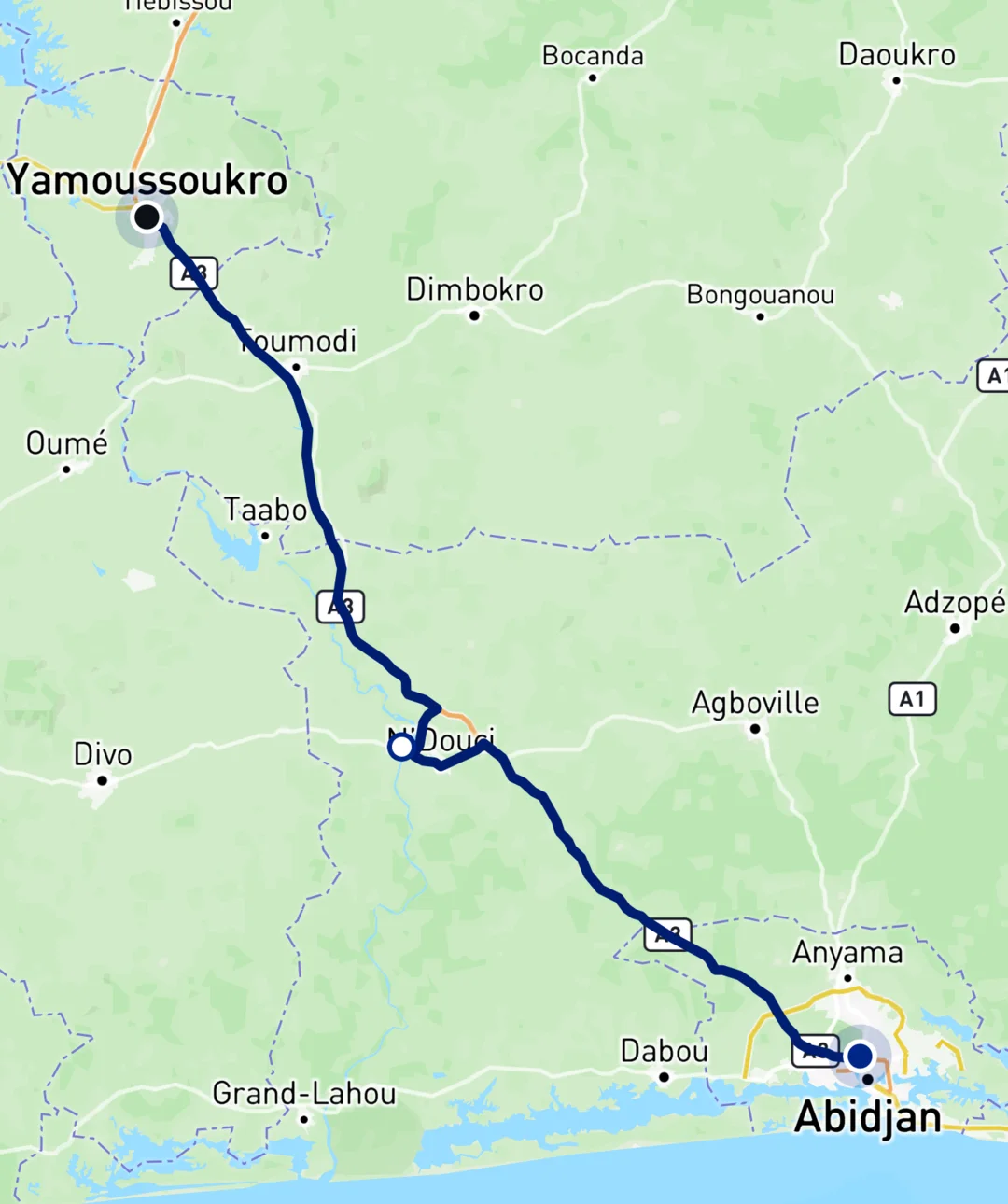 Carte du trajet Abidjan — Yamoussoukro tracé sur l’autoroute A3, avec un arrêt à N’Douci.
