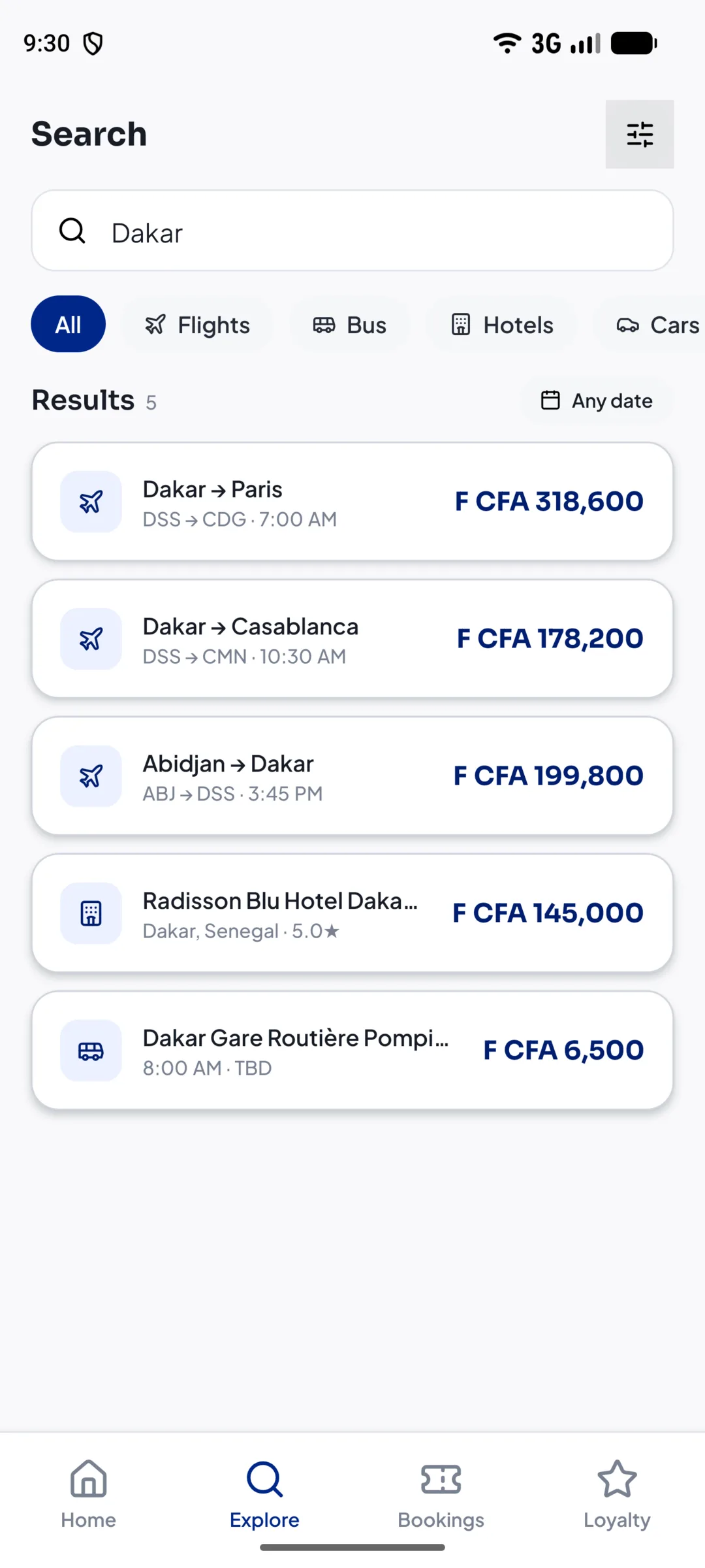 Résultats de recherche pour Dakar, mêlant vols, hôtel et ligne de car.