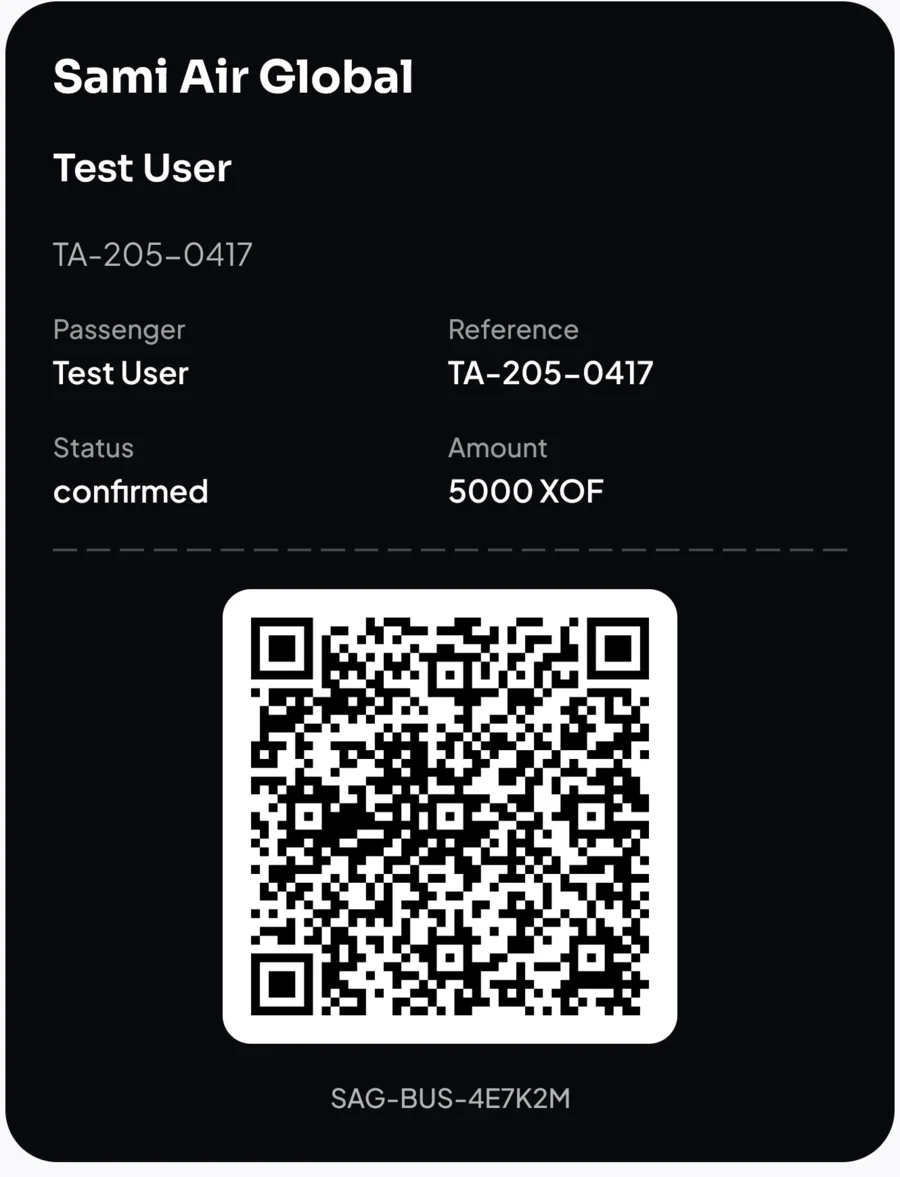 Billet électronique Sami Air Global avec QR code, référence et statut confirmé.